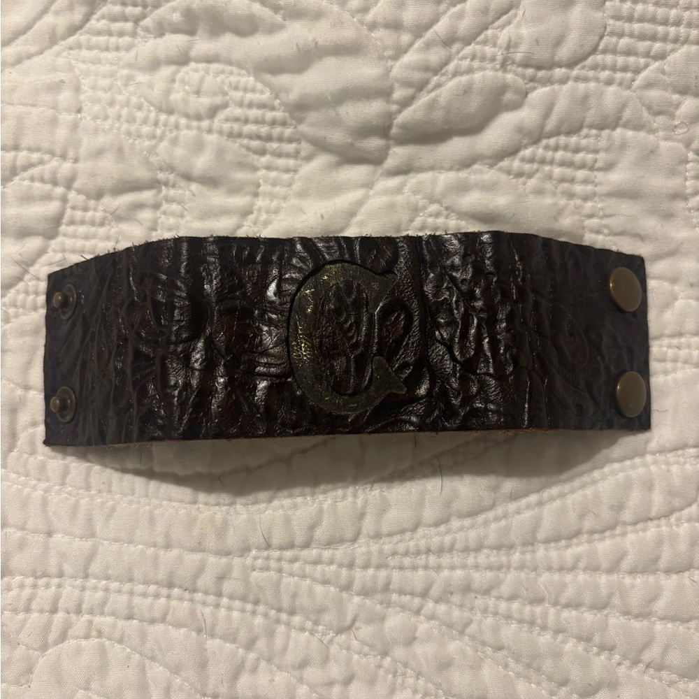 Brown Leather Embossed “C” Cuff Bracelet handmade sign by maker - Picture 4 of 6